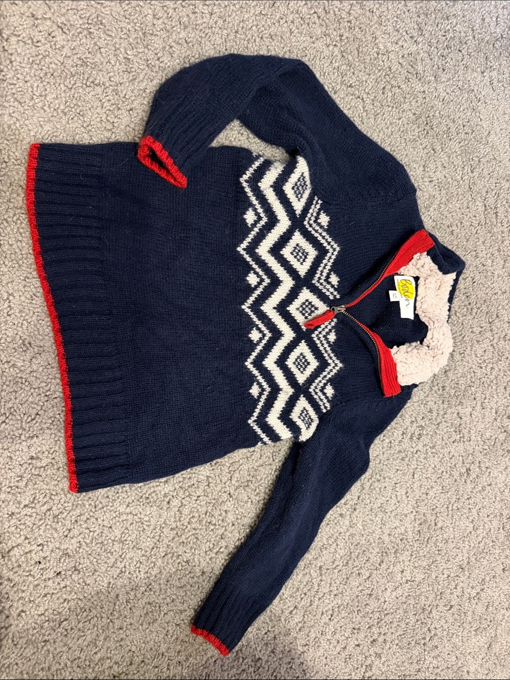 Mini Boden kids  Navy Fair Isle Zip-Neck Sweater with Red Trim